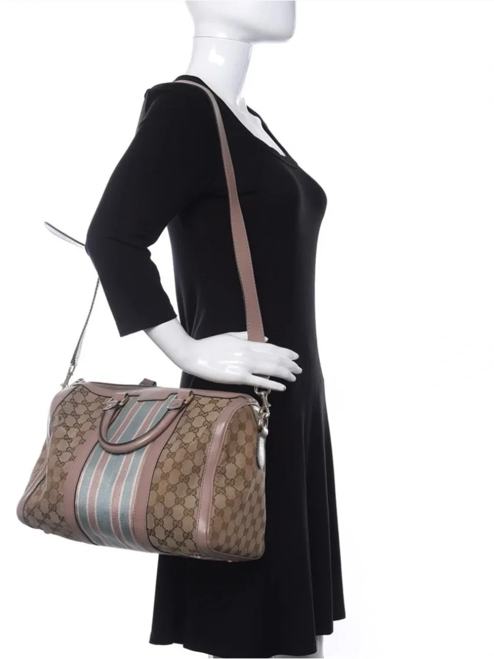 Gucci Beige Monogram Satchel with Pink and Blue Stripes